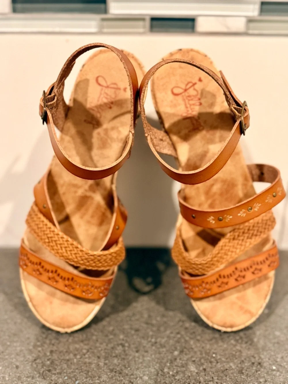 Jelly Pop Memory Foam Woven Tan Cork Wedge Sandals with Buckle Strap - Picture 8 of 11